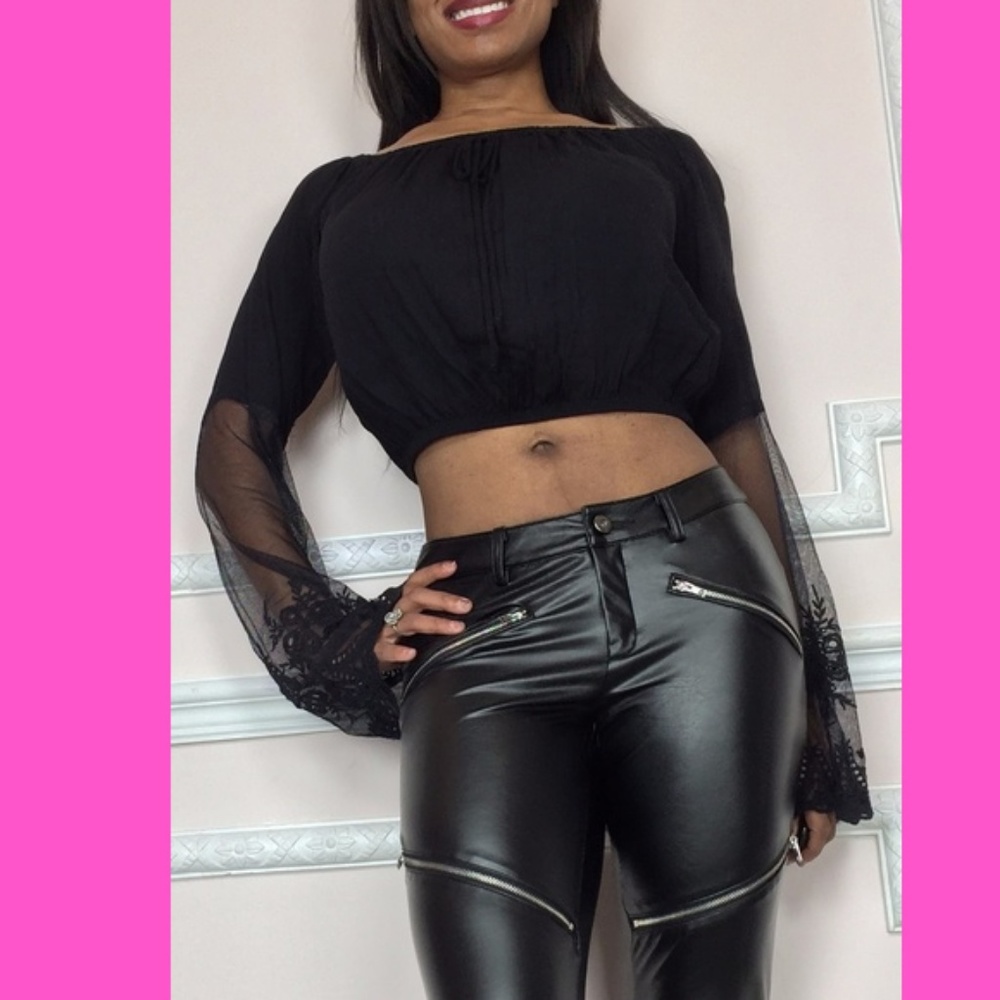 NEW cute crop top sexy black lace sheer sleeves - Picture 2 of 7